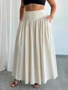SHEIN Tall CURVE Plus Size Women's Spring Pleated Waist A-Line Skirt With Real Pockets - Apricot - View 3