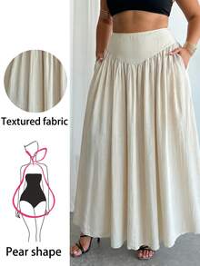 SHEIN Tall CURVE Plus Size Women's Spring Pleated Waist A-Line Skirt With Real Pockets - Apricot - View 6