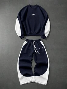 ROMWE MEN Street Life Men's Functional Sports Style Printed Colorblock Pullover Sweatshirt & Sweatpants Set - Multicolor - View 1