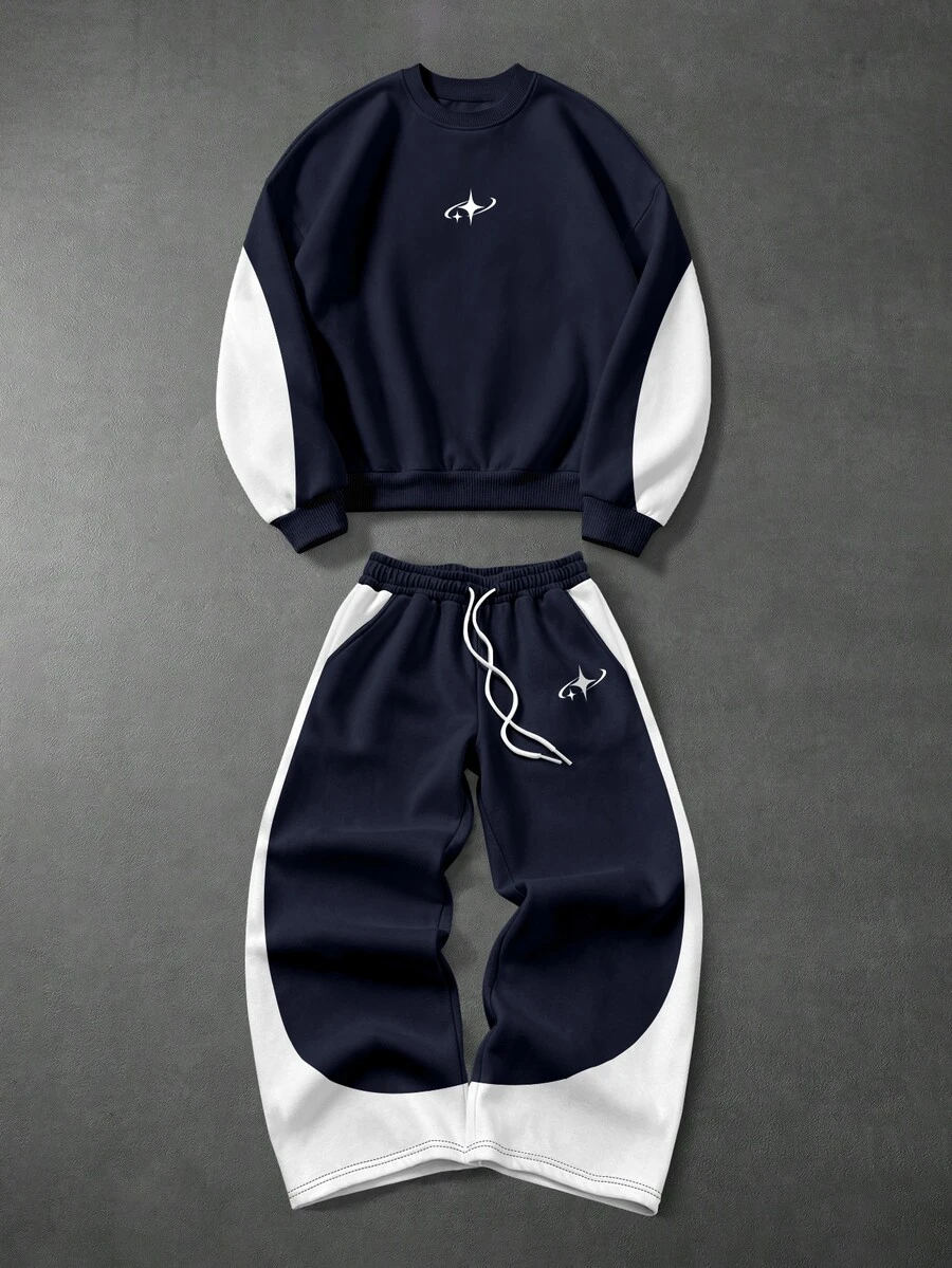 ROMWE MEN Street Life Men's Functional Sports Style Printed Colorblock Pullover Sweatshirt & Sweatpants Set - Multicolor - View 1