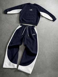 ROMWE MEN Street Life Men's Functional Sports Style Printed Colorblock Pullover Sweatshirt & Sweatpants Set - Multicolor - View 3