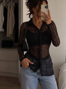 SHEIN SXY 女款蕾絲長袖修身透視性感洋裝 - 黑色 - 查看 5