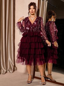 Allurite Plus Size Women's Fashion Party Banquet V-Neck Patchwork Sheer Mesh Lantern Sleeve Sequin Tassel Decor Multi-Tier Ruffle Hem Maxi Dress Fall - Burgundy - View 6