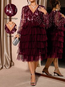 Allurite Plus Size Women's Fashion Party Banquet V-Neck Patchwork Sheer Mesh Lantern Sleeve Sequin Tassel Decor Multi-Tier Ruffle Hem Maxi Dress Fall - Burgundy - View 1