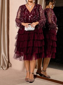 Allurite Plus Size Women's Fashion Party Banquet V-Neck Patchwork Sheer Mesh Lantern Sleeve Sequin Tassel Decor Multi-Tier Ruffle Hem Maxi Dress Fall - Burgundy - View 3