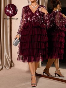 Allurite Plus Size Women's Fashion Party Banquet V-Neck Patchwork Sheer Mesh Lantern Sleeve Sequin Tassel Decor Multi-Tier Ruffle Hem Maxi Dress Fall - Burgundy - View 5