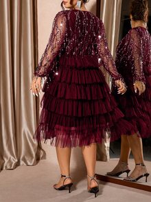Allurite Plus Size Women's Fashion Party Banquet V-Neck Patchwork Sheer Mesh Lantern Sleeve Sequin Tassel Decor Multi-Tier Ruffle Hem Maxi Dress Fall - Burgundy - View 2