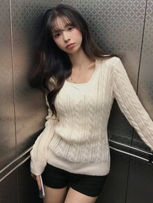 DAZY 女款純色修身麻花編織長袖深V領優雅性感度假風秋冬針織套頭毛衣 - 米色 - 查看 5
