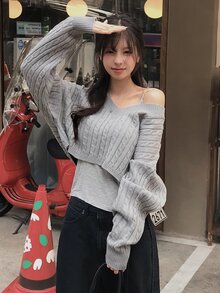 DAZY Sweater Rajut Wanita Warna Polos Longgar Leher V Lengan Panjang Pendek Kasual untuk Liburan Musim Semi/Gugur Y2k - Grey - View 2
