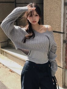 DAZY Sweater Rajut Wanita Warna Polos Longgar Leher V Lengan Panjang Pendek Kasual untuk Liburan Musim Semi/Gugur Y2k - Grey - View 1