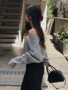DAZY Sweater Rajut Wanita Warna Polos Longgar Leher V Lengan Panjang Pendek Kasual untuk Liburan Musim Semi/Gugur Y2k - Grey - View 4
