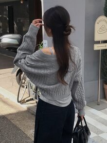 DAZY Sweater Rajut Wanita Warna Polos Longgar Leher V Lengan Panjang Pendek Kasual untuk Liburan Musim Semi/Gugur Y2k - Grey - View 3