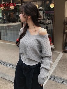 DAZY Sweater Rajut Wanita Warna Polos Longgar Leher V Lengan Panjang Pendek Kasual untuk Liburan Musim Semi/Gugur Y2k - Grey - View 5