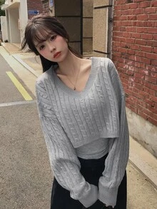 DAZY Sweater Rajut Wanita Warna Polos Longgar Leher V Lengan Panjang Pendek Kasual untuk Liburan Musim Semi/Gugur Y2k - Grey - View 6