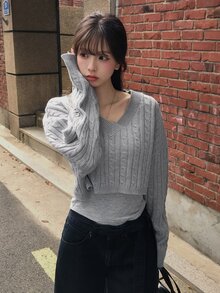 DAZY Sweater Rajut Wanita Warna Polos Longgar Leher V Lengan Panjang Pendek Kasual untuk Liburan Musim Semi/Gugur Y2k - Grey - View 7