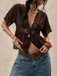 Easelle Women's Summer Casual Lace Patchwork T-Shirt - Brown - View 1