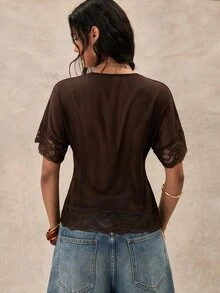 Easelle Women's Summer Casual Lace Patchwork T-Shirt - Brown - View 2
