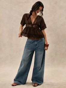 Easelle Women's Summer Casual Lace Patchwork T-Shirt - Brown - View 3