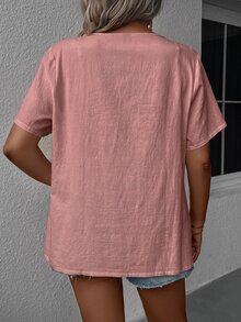 Comfylo Plus Size Casual Solid Color Short Sleeve Shirt - Pink - View 2