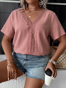 Comfylo Plus Size Casual Solid Color Short Sleeve Shirt - Pink - View 6