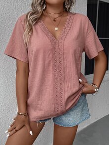 Comfylo Plus Size Casual Solid Color Short Sleeve Shirt - Pink - View 4