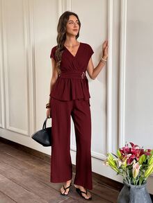 Serisse Women's Elegant Commuter Teachers' Day Solid Color Top And Pants 2 Pieces Set Burgundy Summer Office - Burgundy - View 4