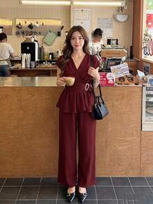 Serisse Women's Elegant Commuter Teachers' Day Solid Color Top And Pants 2 Pieces Set Burgundy Summer Office - Burgundy - View 1