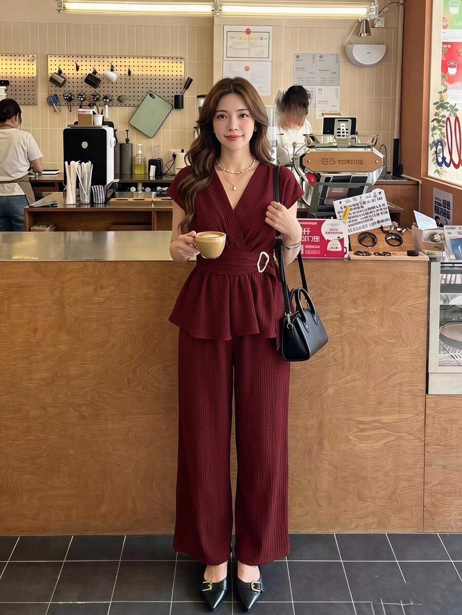 Serisse Women's Elegant Commuter Teachers' Day Solid Color Top And Pants 2 Pieces Set Burgundy Summer Office - Burgundy - View 1