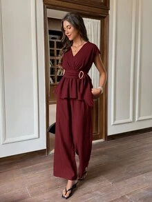 Serisse Women's Elegant Commuter Teachers' Day Solid Color Top And Pants 2 Pieces Set Burgundy Summer Office - Burgundy - View 5