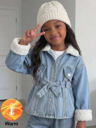 Young Girl Fall/Winter Warm Fleece Lined Blue Denim Collar Long Jacket With Waist Belt, For Young Girls School Clothes, Warm Jacket, Christmas