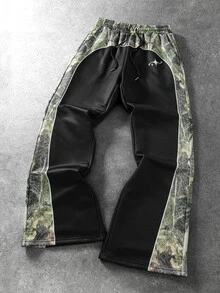 ROMWE MEN Men's Tree Shadow Camo Patchwork Functional Print Streetwear Loose Sweatpants - Black - View 1