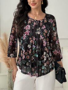 Medorina Elegant Chic Casual, Floral Print Pleated, Blouses For Women Tops, Mesh Black Pink Purple, Loose Curved Hem, Office Party Church, Fall Festival - Multicolor - View 7