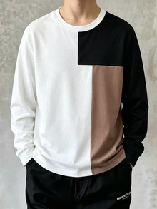 1pc Boys' Autumn/Winter Solid Color Knit Fabric Patchwork Long Sleeve Crew Neck T-Shirt, Soft And Comfortable, Suitable For Daily Casual Commuting Wear, Suitable For Boys' Daily Wear - Multicolor - View 6