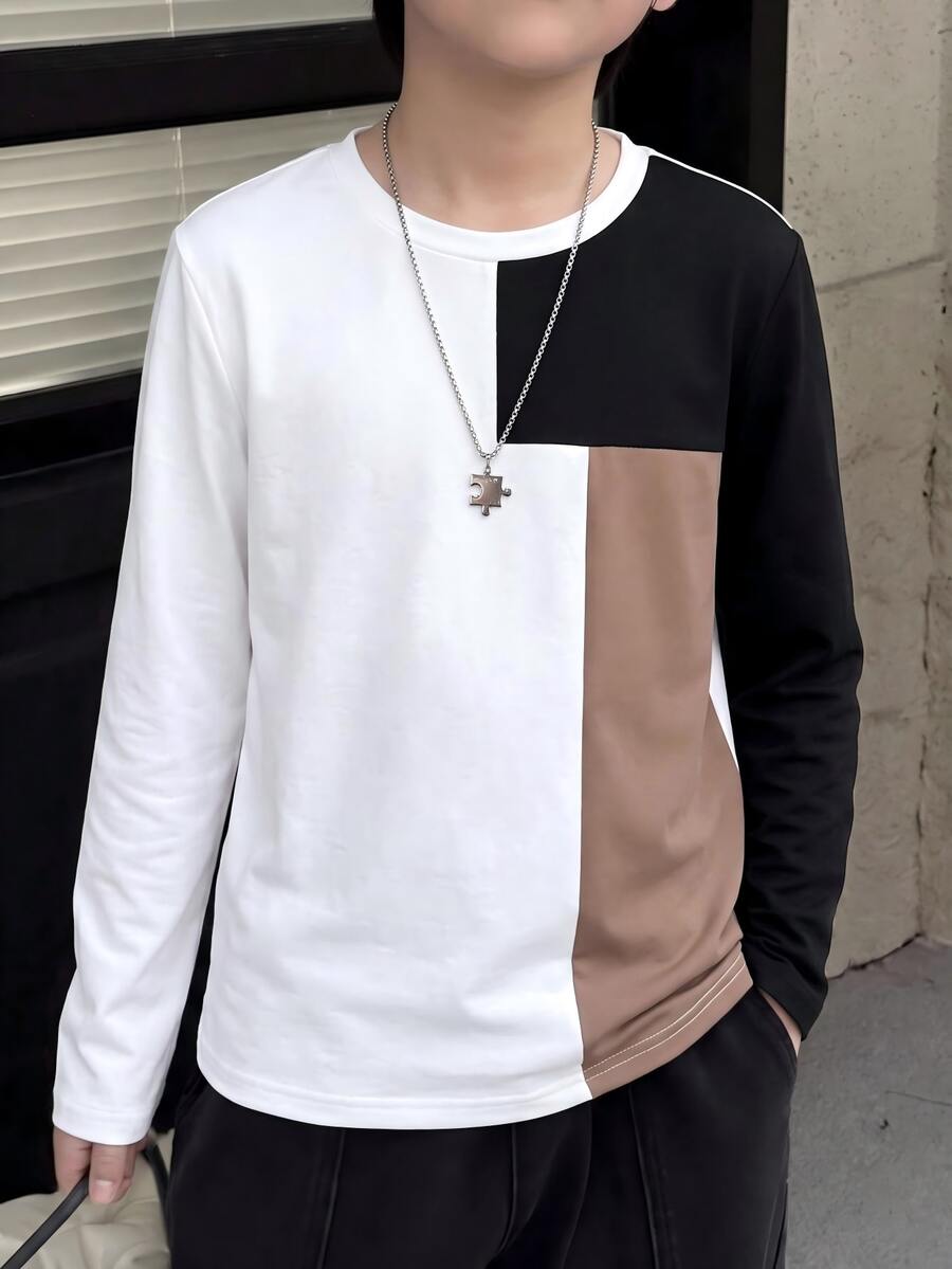 1pc Boys' Autumn/Winter Solid Color Knit Fabric Patchwork Long Sleeve Crew Neck T-Shirt, Soft And Comfortable, Suitable For Daily Casual Commuting Wear, Suitable For Boys' Daily Wear - Multicolor - View 1