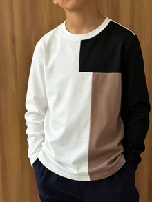 1pc Boys' Autumn/Winter Solid Color Knit Fabric Patchwork Long Sleeve Crew Neck T-Shirt, Soft And Comfortable, Suitable For Daily Casual Commuting Wear, Suitable For Boys' Daily Wear - Multicolor - View 4