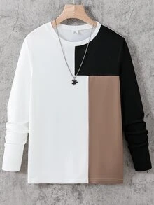 1pc Boys' Autumn/Winter Solid Color Knit Fabric Patchwork Long Sleeve Crew Neck T-Shirt, Soft And Comfortable, Suitable For Daily Casual Commuting Wear, Suitable For Boys' Daily Wear - Multicolor - View 3