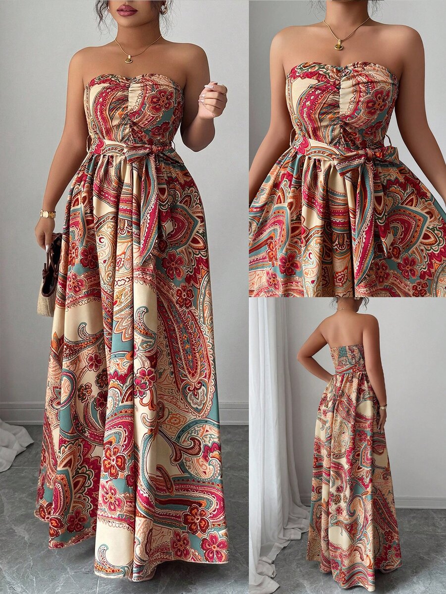 Elenzga Plus Size Women Elegant Romantic Floral Print Halter Dress For Holiday, Loose Flowy Floral Long Dress - Multicolor - View 1