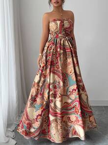 Elenzga Plus Size Women Elegant Romantic Floral Print Halter Dress For Holiday, Loose Flowy Floral Long Dress - Multicolor - View 5