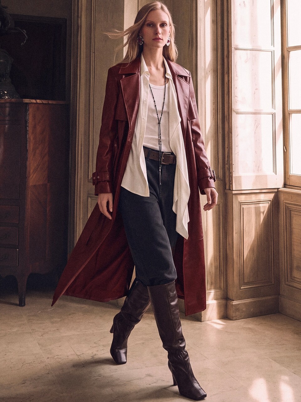 Anewsta Elegant Women's Burgundy PU Leather Long Lapel Coat With Button Front Belted Design And Pockets For Fall Fashion