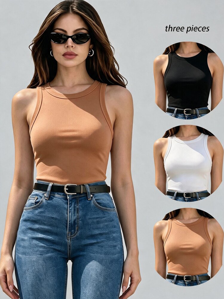 SHEIN Unity Women's Summer Solid Color Round Neck Casual Tank Top - Multicolor - View 4
