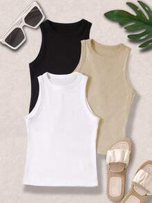 SHEIN Unity Women's Summer Solid Color Round Neck Casual Tank Top - Multicolor - View 5