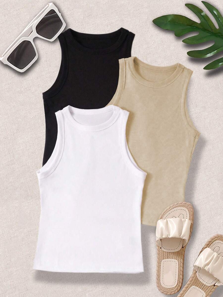 SHEIN Unity Women's Summer Solid Color Round Neck Casual Tank Top - Multicolor - View 1