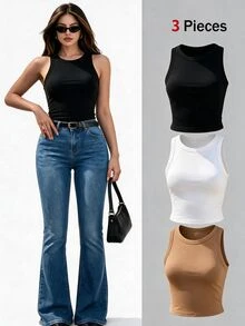 SHEIN Unity Women's Summer Solid Color Round Neck Casual Tank Top - Multicolor - View 3