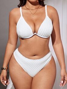 SHEIN Swim Curve 大码两件套泳衣，性感夏季套装，采用泡泡纹理面料，带钢圈支撑罩杯，适合泳池派对、海滩度假。 - 白色 - 查看 3