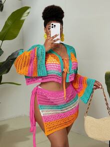 Maweii 女款 Y2K 柔和粉波希米亞風夏季度假彩色條紋長袖前繫帶比基尼上衣與側開衩裙大尺碼套裝 - 薄荷藍 - 查看 7
