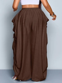 SOLERSUN Plus Size Solid Color Knotted Pocket Casual Loose Pants Fall - Brown - View 2