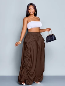 SOLERSUN Plus Size Solid Color Knotted Pocket Casual Loose Pants Fall - Brown - View 4