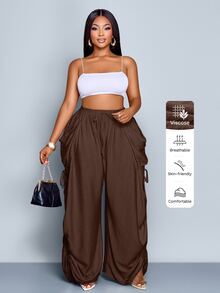 SOLERSUN Plus Size Solid Color Knotted Pocket Casual Loose Pants Fall - Brown - View 3