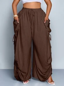 SOLERSUN Plus Size Solid Color Knotted Pocket Casual Loose Pants Fall - Brown - View 5
