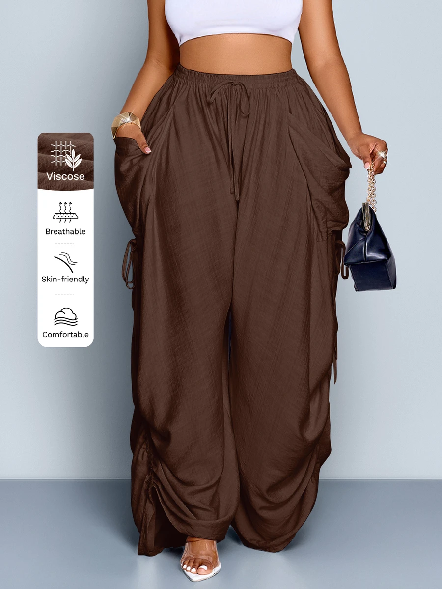SOLERSUN Plus Size Solid Color Knotted Pocket Casual Loose Pants Fall - Brown - View 1